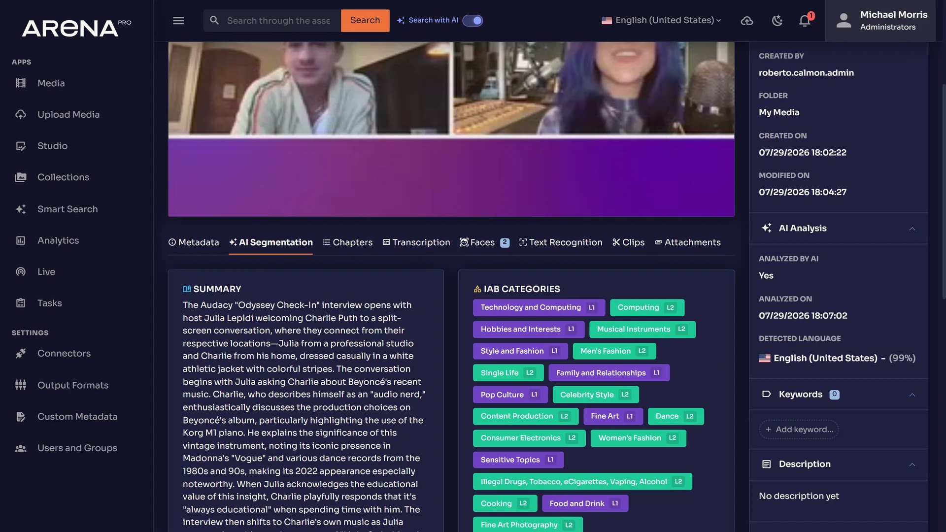 AI analysis panels on an Arena Pro asset, with a summary and the detected tracks