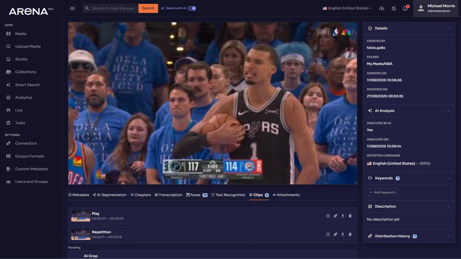 An Arena Pro asset opened at a matching moment, with its clips listed beside it