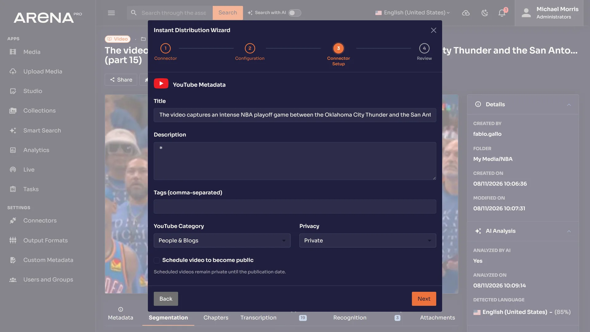 The Arena Pro distribution wizard configured for a destination