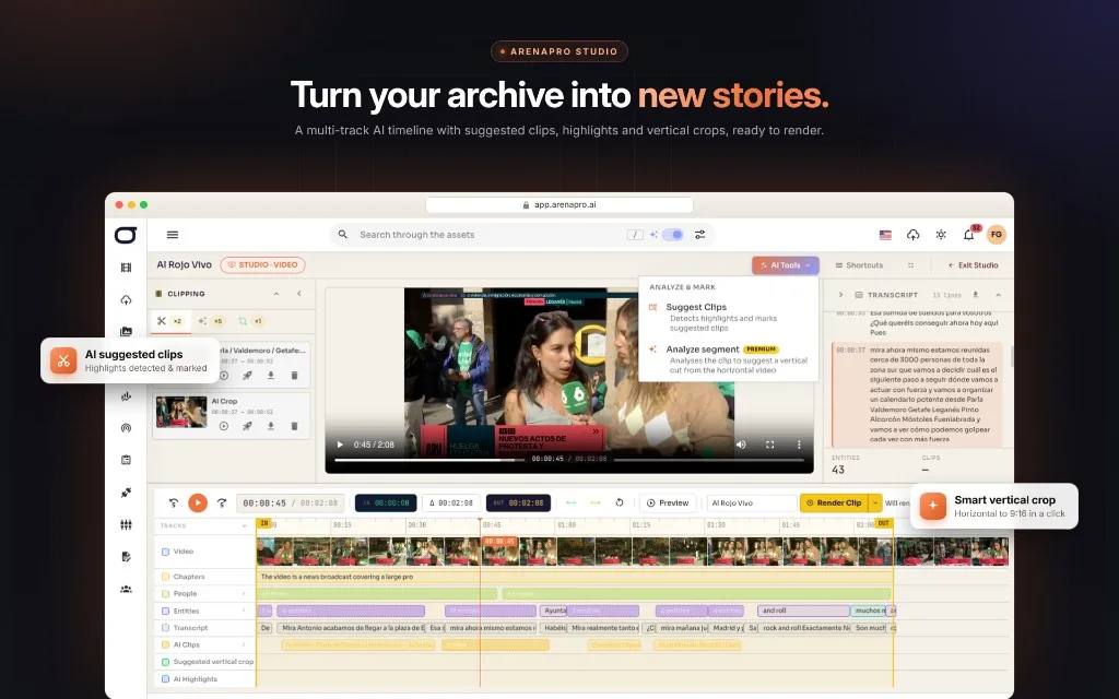 Arena Pro Studio interface with suggested AI clips, source video, transcript, and editorial timeline