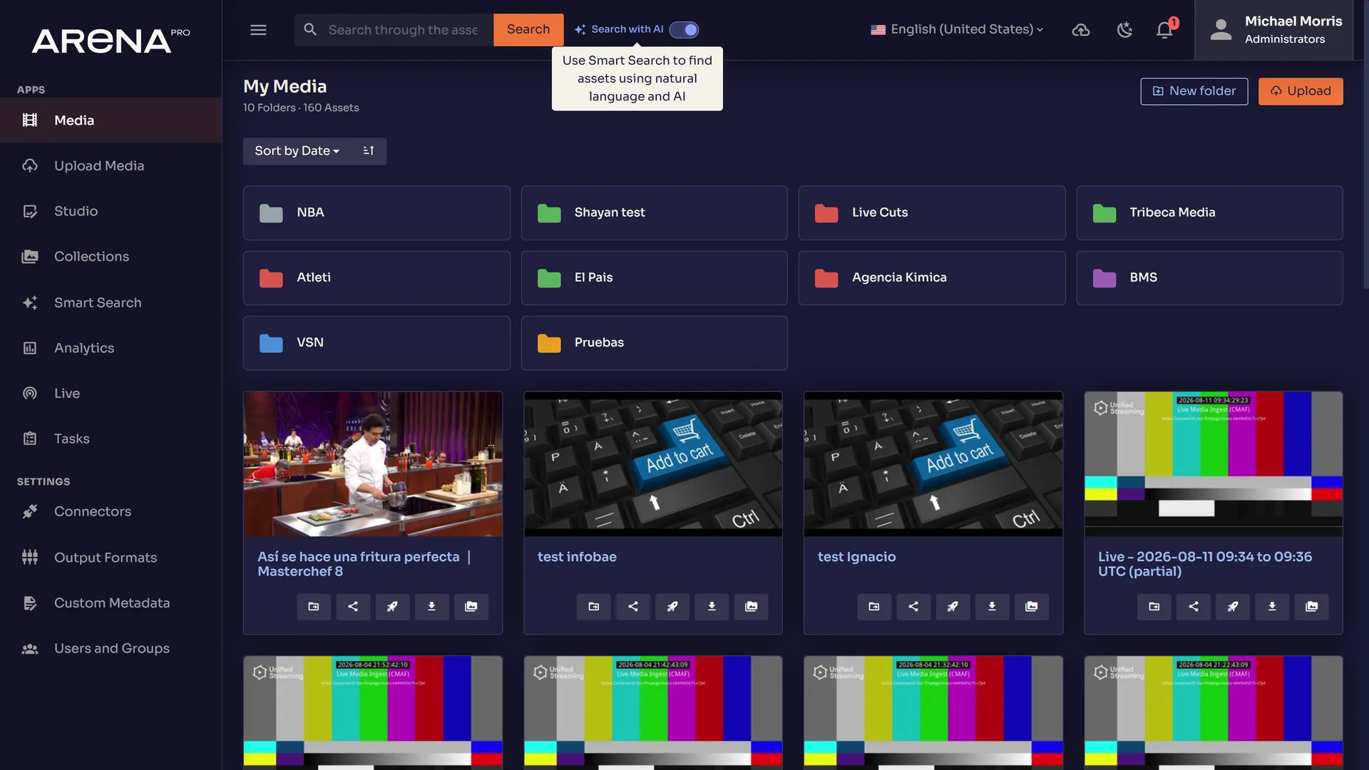 The Arena Pro media library, with folders and recently ingested assets