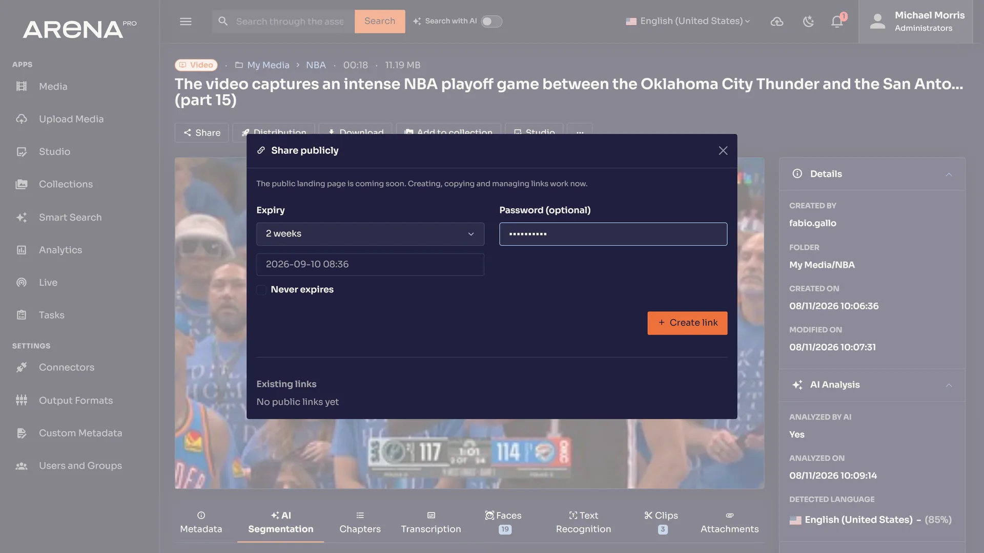 Arena Pro public share link with expiry and optional password