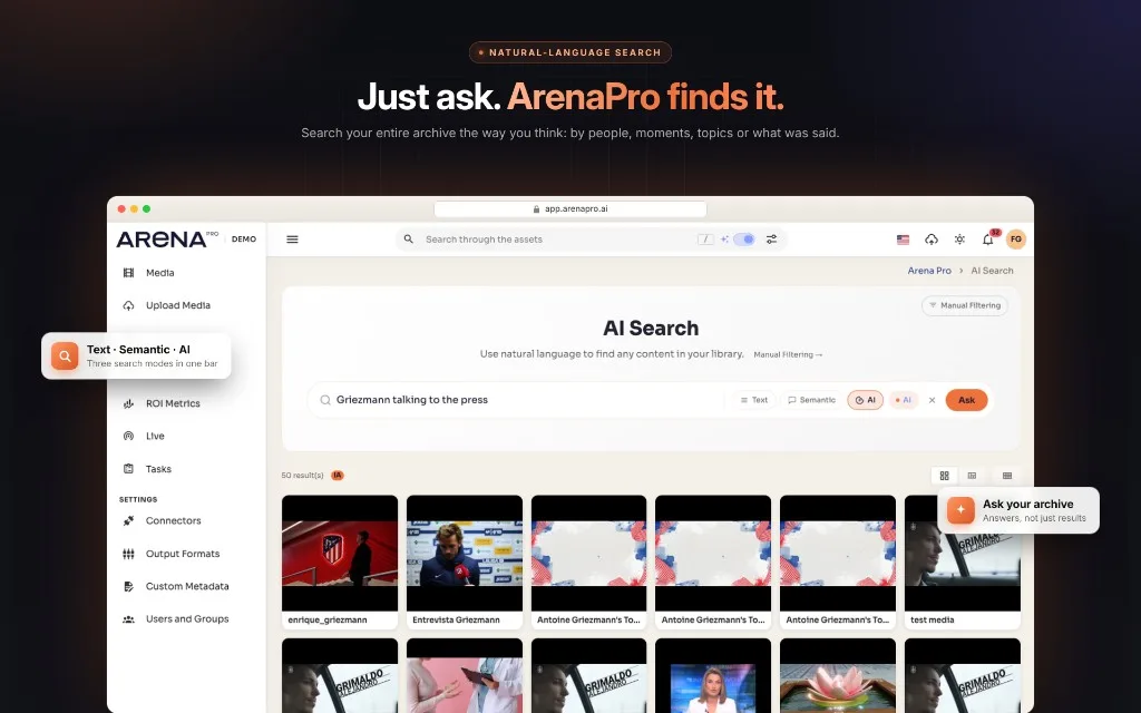 Arena Pro natural-language search with a grid of matching audiovisual assets