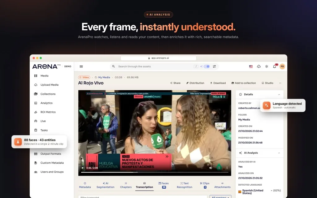 Arena Pro asset view with detected faces, entities, transcript and language