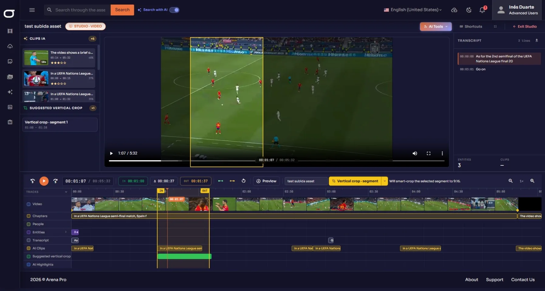 The Arena Pro Studio timeline with an AI vertical crop in progress